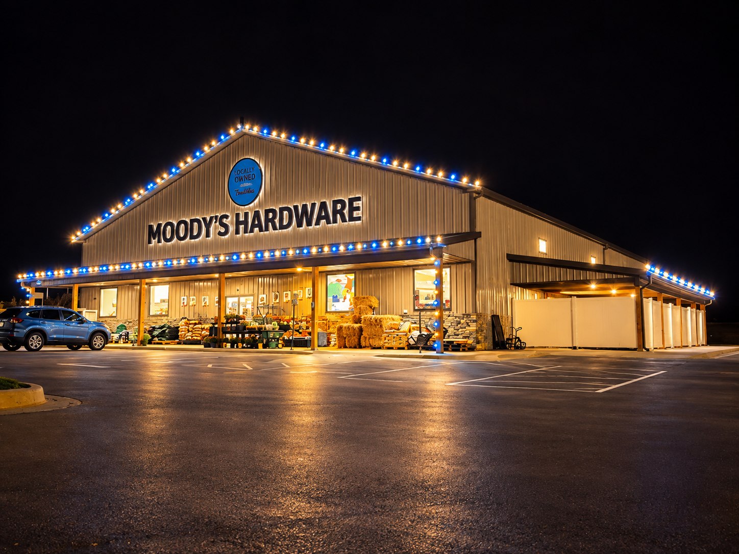 Moody's Hardware storefront outlined in blue and warm white lights