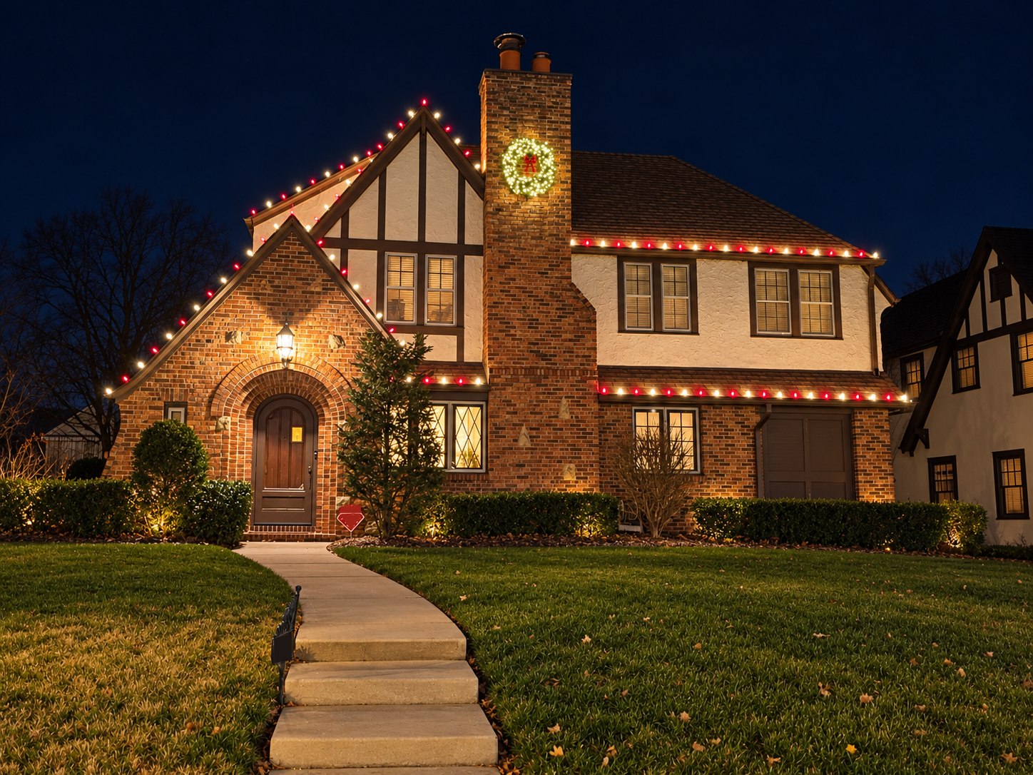 Brick and half-timbered Tudor home at night with alternating red and warm white bulbs along its gables and eaves, and a lit wreath on the chimney