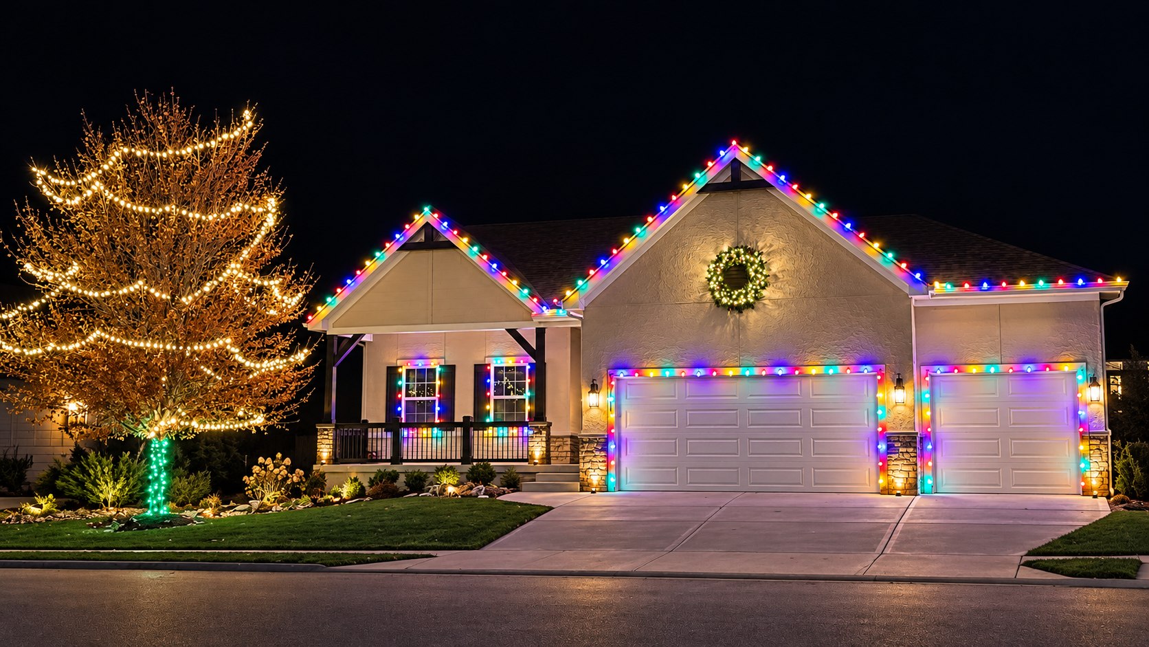Front-yard tree wrapped in warm white lights from trunk to crown, its base in green, beside a home with multicolour bulbs along the gables, porch windows and garage doors