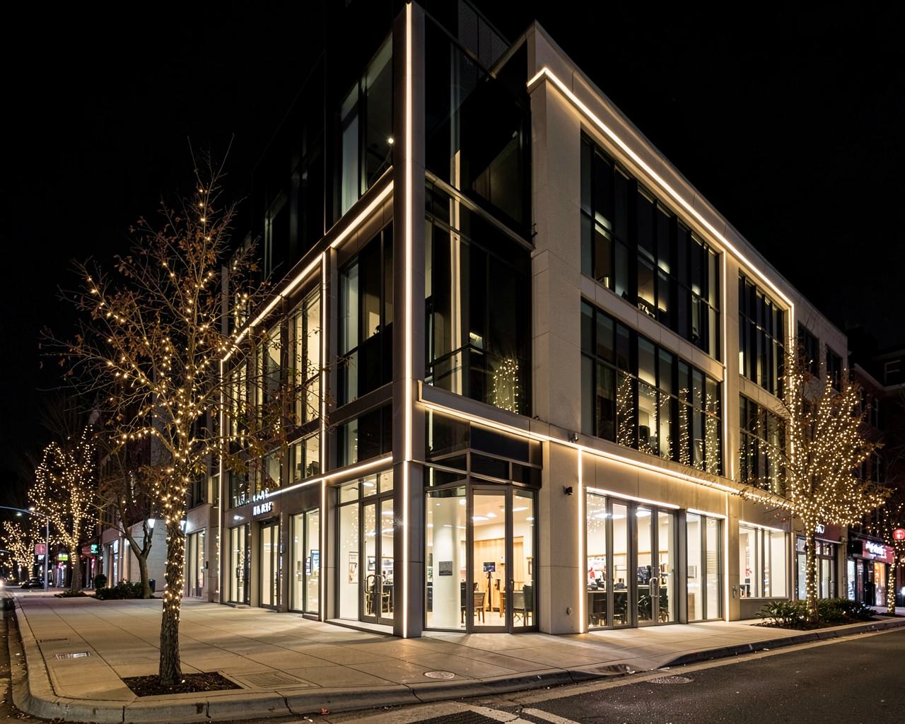 Modern corner office building at night with warm white light lines tracing its edges and street trees wrapped in warm white lights