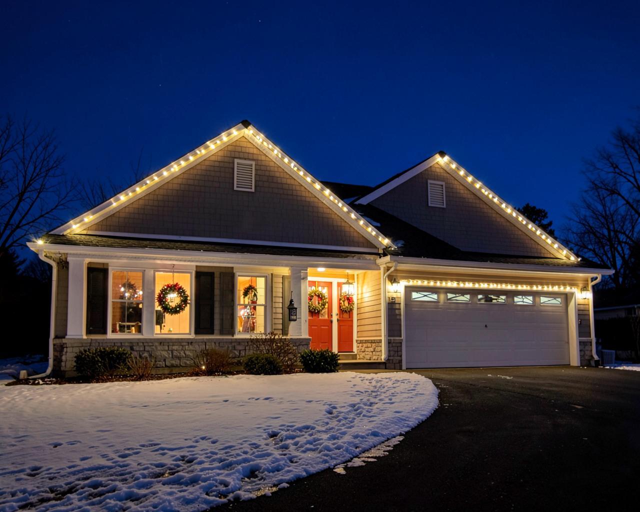Single-story home at dusk with warm white bulbs along both gables and the garage, wreaths on the red double front doors and in the front windows, and snow on the lawn